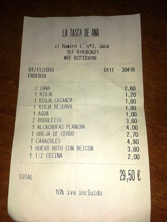 La cuenta. La Tasca de Ana de Jaca