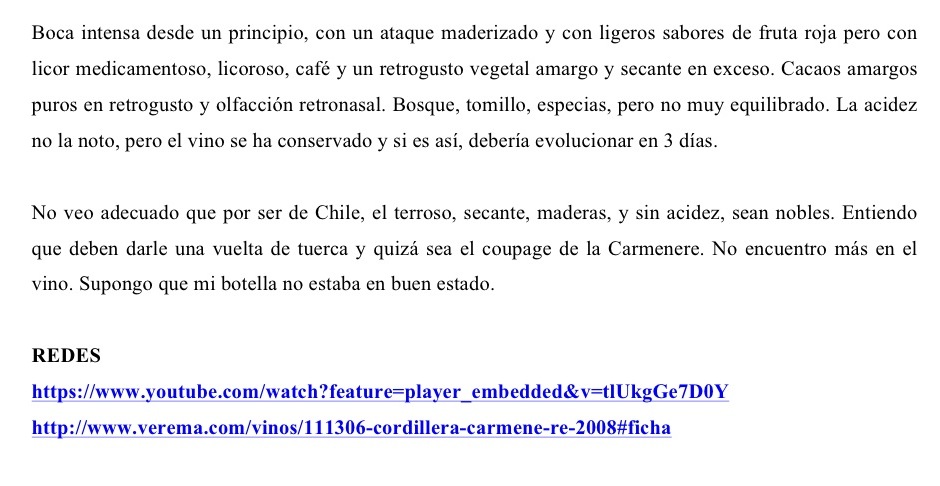 Vino Tinto Tranquilo Cordillera Carmenere 2008. Los vino de Miguel Torres en Chile