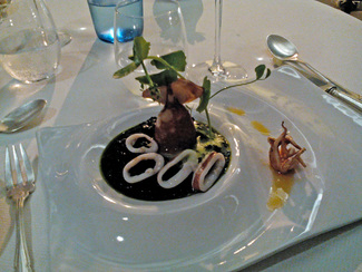 Encornet de Méditerranée, port de Peñiscola, juste planché sur un risotto Acquerello crémeux au vieux Parmesan et à l'encre de seiche, jus de persil aillé