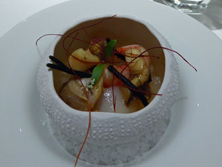Frutos del mar, alga codium y granizado de leche de tigre