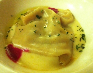 Ravioli Relleno de Puerro y Gambas