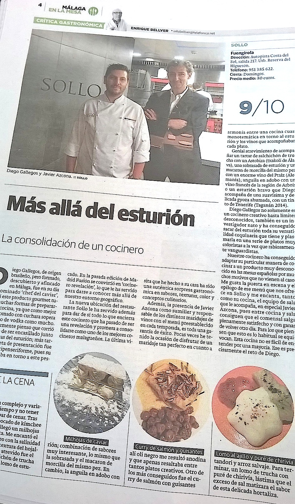 SOLLO en Octubre llega a lo más alto. Puntuaciones gastronómicas y de armonía by Enrique Bellver en El Sur malagueño.