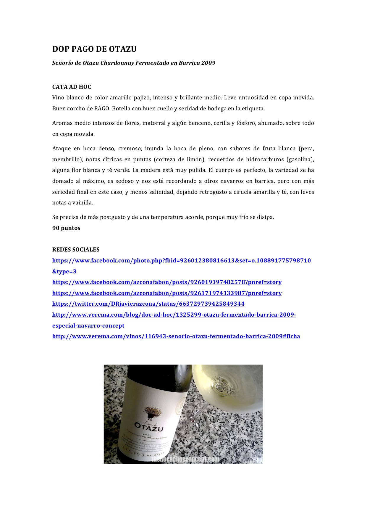 OTAZU fermentado en barrica 2009. Muy especial navarro concept.