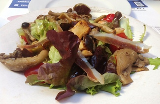 Ensalada Templada de Setas con Jamón de Pato y Cola de Langostinos