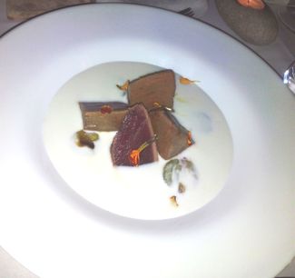 Tataki de atún con ajoblanco.