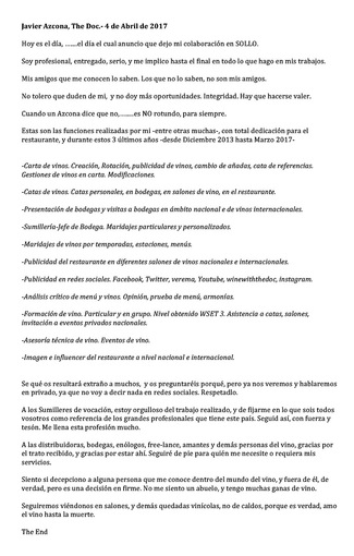 Comunicado de Javier Azcona