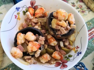 Champis, tocino y gambas