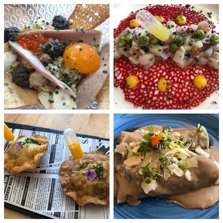 Ensaladilla, Tartar de Vieira, Ravioli y Canelón de rabo de toro