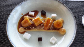 Plátano estofado al caramelo oscuro, sobre tierra de galleta maría, crema de limón y gelatina de coco-café.