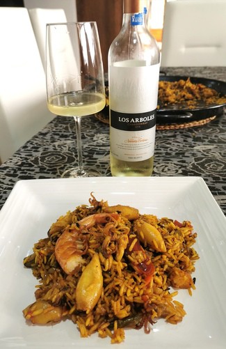 Con el arroz de chipirones langostinos