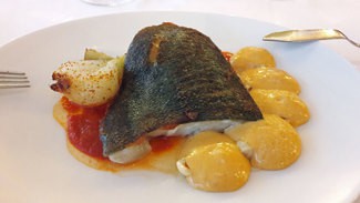Rape asado con cebollitas, setas, ñoquis de patata y salsa de pollo asado