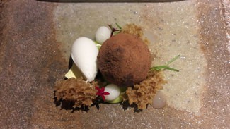Postre : Yuzu, frutas tropicales y flor de hibiscus
