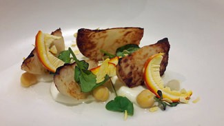 Colinabo, oronjas laminadas, berros y jugo de garbanzos