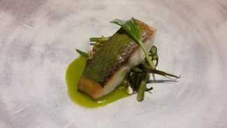 Union Atláantica : Pesca de Rias : Lubina de la ria cocinada a baja temperatura y finalizada a la brasa con judias verdes y salsa de encurtidos