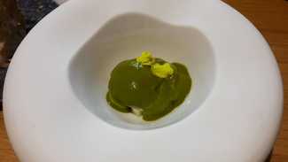 Da nosa horta: Cromatismo verde : gazpacho de tomatillo verde, melón y pepino, con ostra de Cambados.