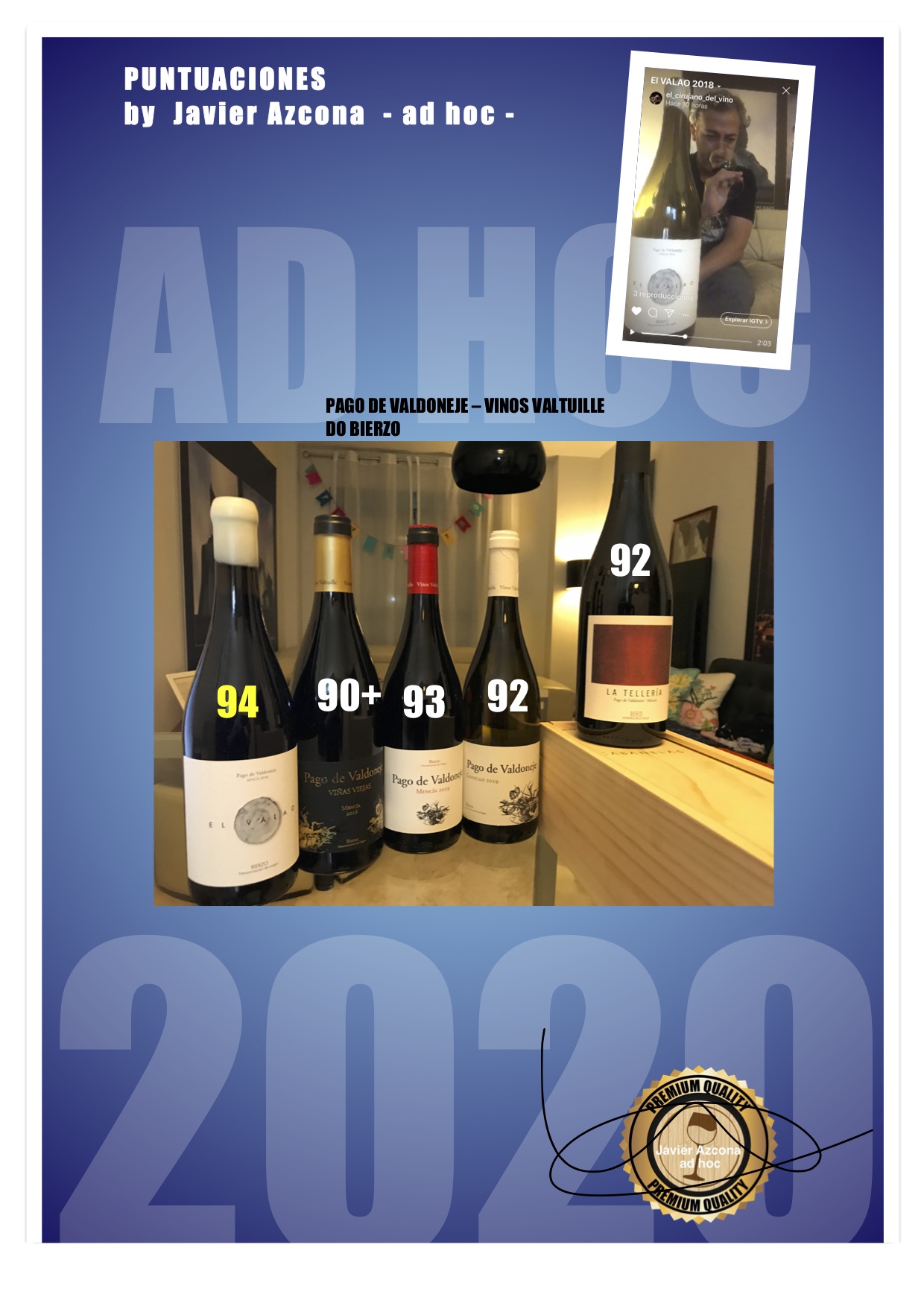 Puntuaciones AD HOC de Pago de Valdoneje (Vinos Valtuille) en Bierzo