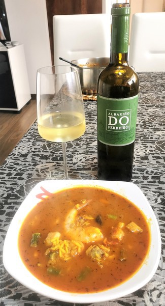 Con el arroz caldoso de langostinos