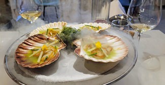 Vieiras sobre fondo marino, arena de gamba y bruma del Cantábrico