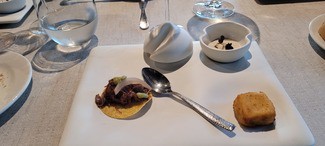 aperitivos : ajoblanco, croqueta de carne y una especie de tortilla de maiz con carne guisada