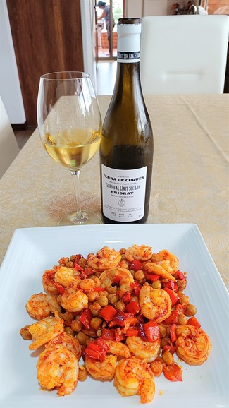 Con las gambas con garbanzos y pimiento