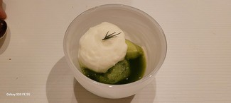 Sorbete de pepino, salsa de albahaca y espuma de limon.