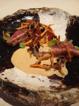 Pato con hongos de temporada y salsa de foie