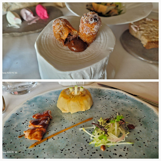 Timbal de manzana y foie y Xuixo de pato con salsa hoisin