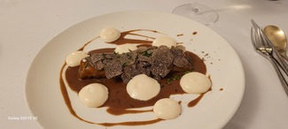 Canelón de pollo "Thai" glaseado , espuma de parmeasano y trufa negra