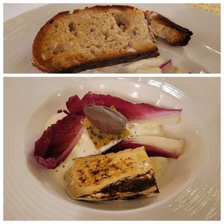 Brie de Meaux a la parrilla, sorbete de olivas negras y su pan de avellanas.