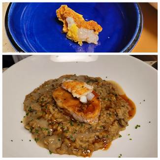 Arroz meloso de pollo con cigalas y su tartar de cigala.