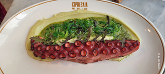 Pata de pulpo de Llançà a la brasa con chimichurri marino, ensalada de algas marinas y parmentier de patata