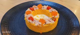 Ensaladilla de batata con ventresca de atún con tartar de pulpo