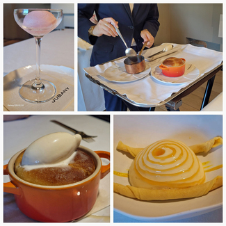 Postres por orden de aparición: Sorbete de tomillo,Preparación "Baba", Baba de brioche al ron con halado de nata