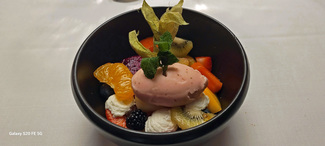 Postre :Fruta fresca con sorbete de frambuesa y queso mató