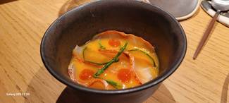 Flan de Salmonetes de roca en escabeche con Pepino fermentado