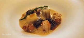 Mollejas de ternera, crema de romero y colmenillas glaseadas.