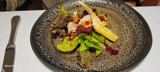 Ensalada de vegetales del huerto con queso de anacardos.