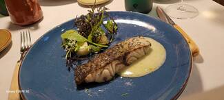 Corvina a la brasa con salsa de sus espinas, ñoquis de patata con un toque de limón y puerros.