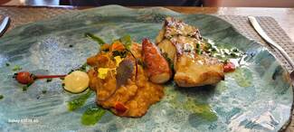 Sama de nuestras costas a la brasa con rejo de pulpo y arroz meloso de calamar