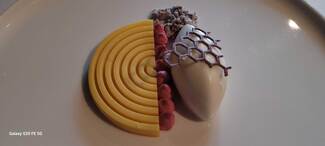 Panna cotta de queso de Radiquero, mango y toffe de remolacha.